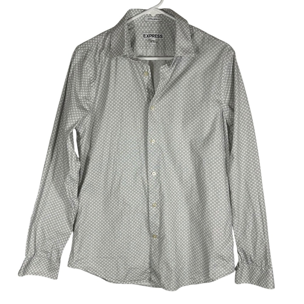 Express Extra Slim Fit Mens Shirt Medium White Grey Geometric Cotton Button Up